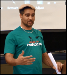 SEA Teacher's Union candidate sporting a t-shirt bearing the image of a a Palestinian throwing a rock (presumably at Jews).